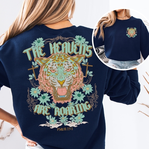Heavens Are Roaring Psalm 19:1 Bible Tiger Christian Faith Religious Sweatshirt - Picture 1 of 16